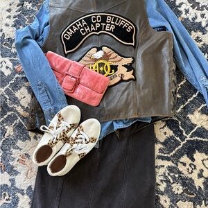 Vintage Leather Vest Outfit Denim Skirt Leopard Sneakers Hobo Bag